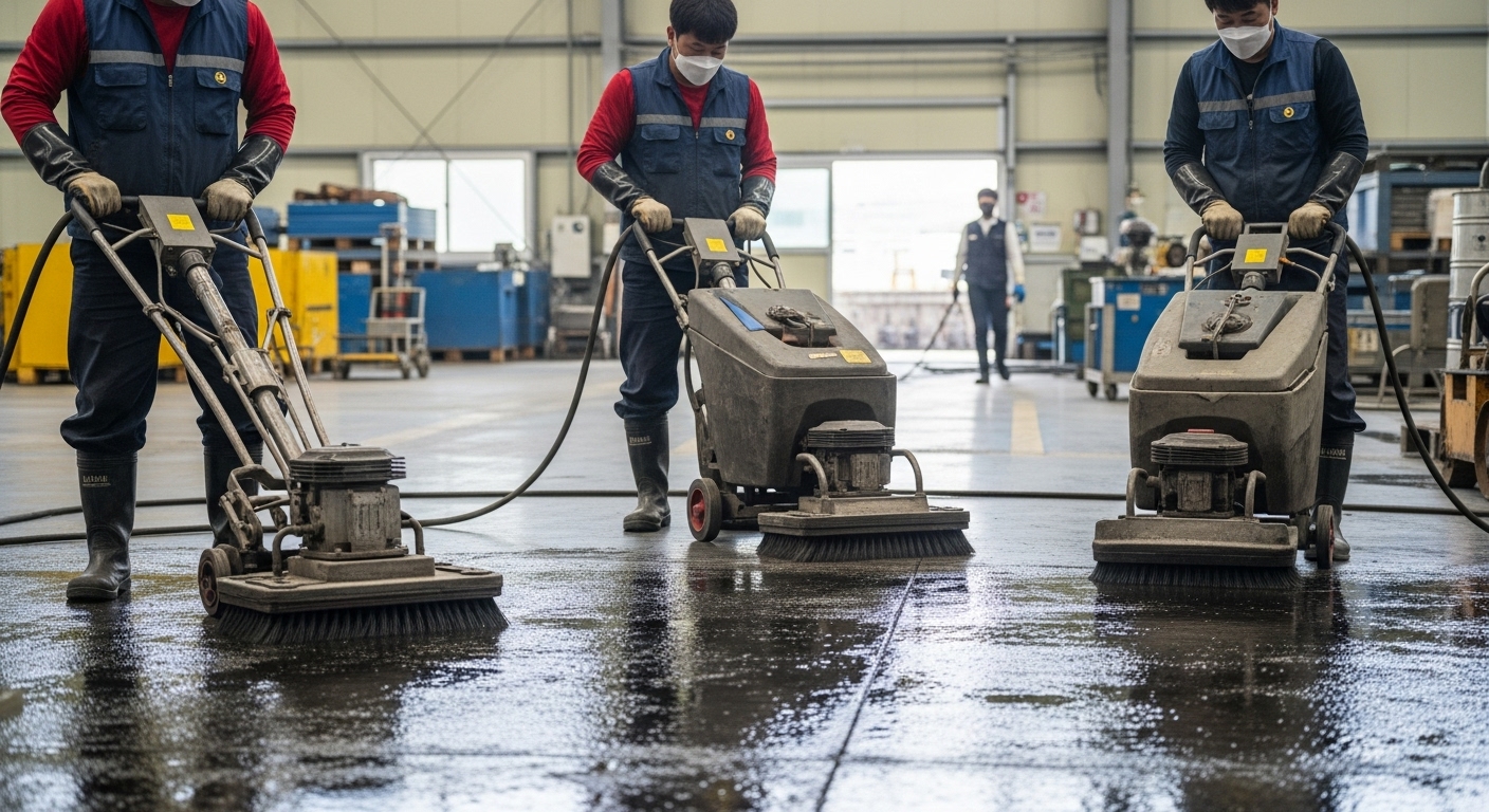 공장 바닥 기름때를 제거하는 탈지 작업